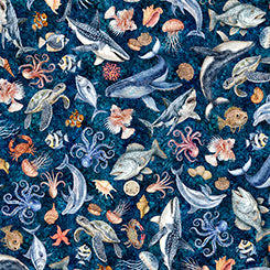 QT Fabrics - Nauticus - Dark Navy Sea Creatures Toss