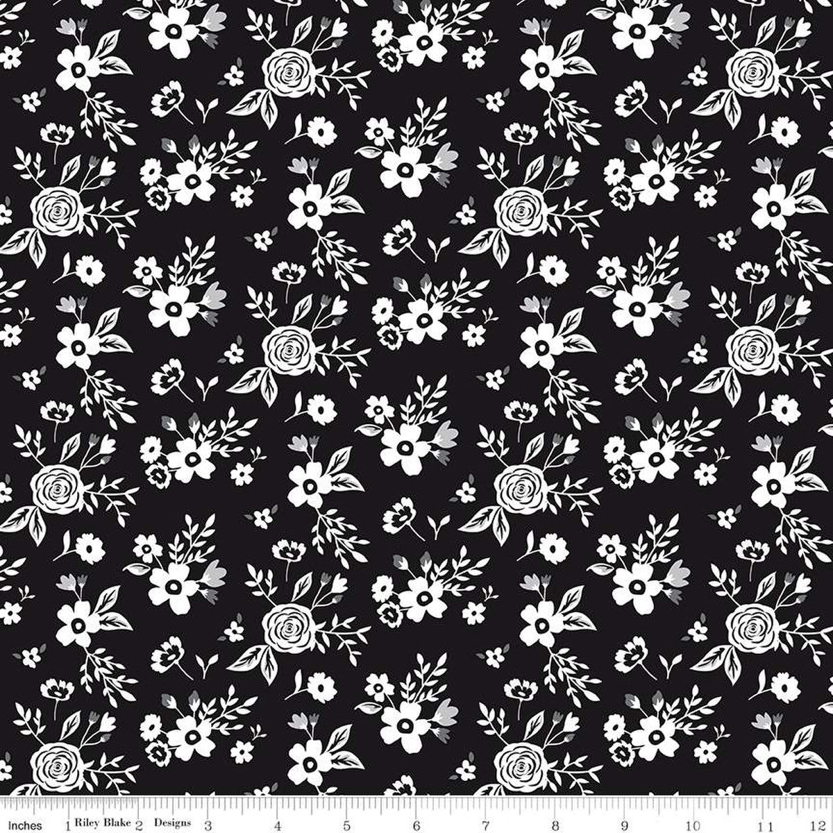 Riley Blake - Black Tie - Black with Medium Cream Flowers