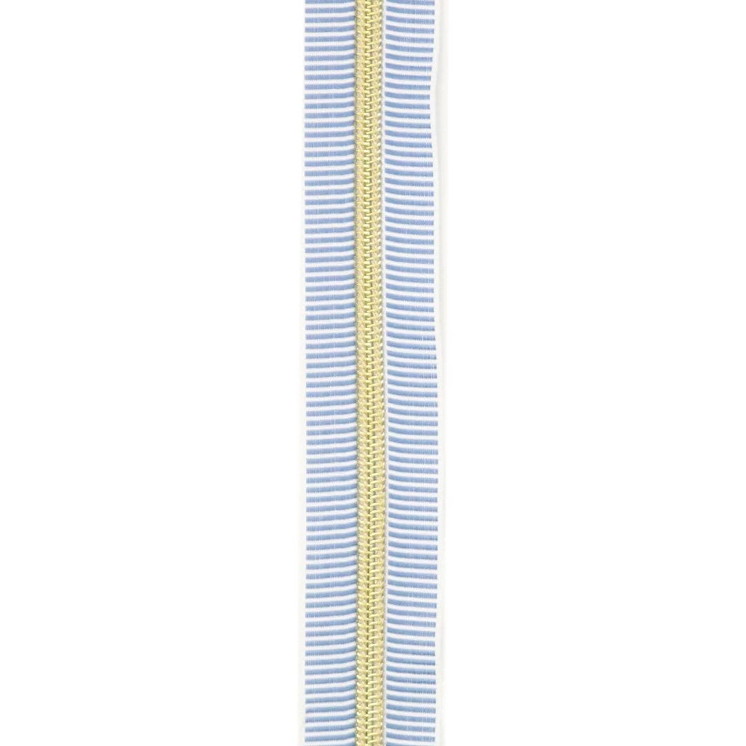 Sallie Tomato Zipper- #5 - 1 yard White/Marina Stripe Gold Zipper