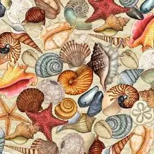 QT Fabrics - Endless Blues Packed Seashells - Cream