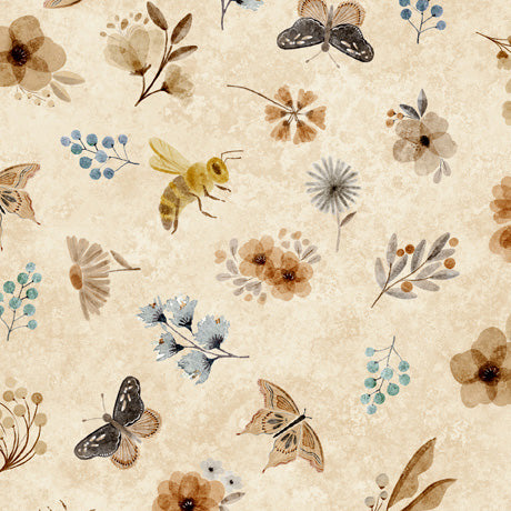 QT Fabrics -Bear Hugs - Flowers & Insects Toss - Tan Background