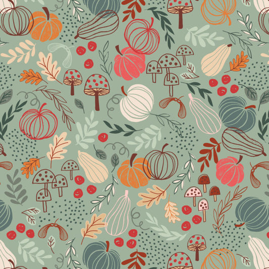 Lewis & Irene - Flannel -  Snuggle Up Autumn Pumkins light jade