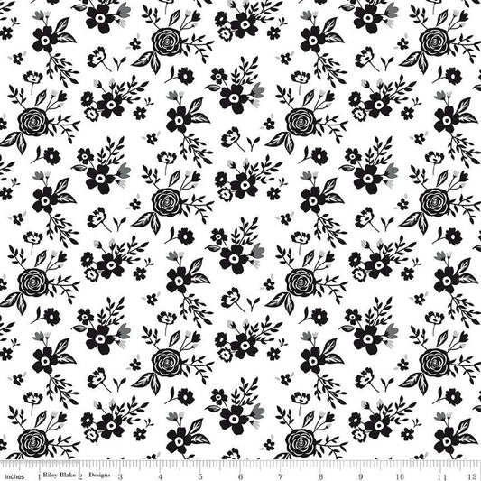 Riley Blake - Black Tie - Off White with Medium Black Flowers