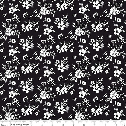 Riley Blake - Black Tie - Black with Medium Cream Flowers