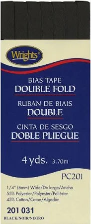 Wrights Bias Tape Double Fold .25 in wide - BLACK